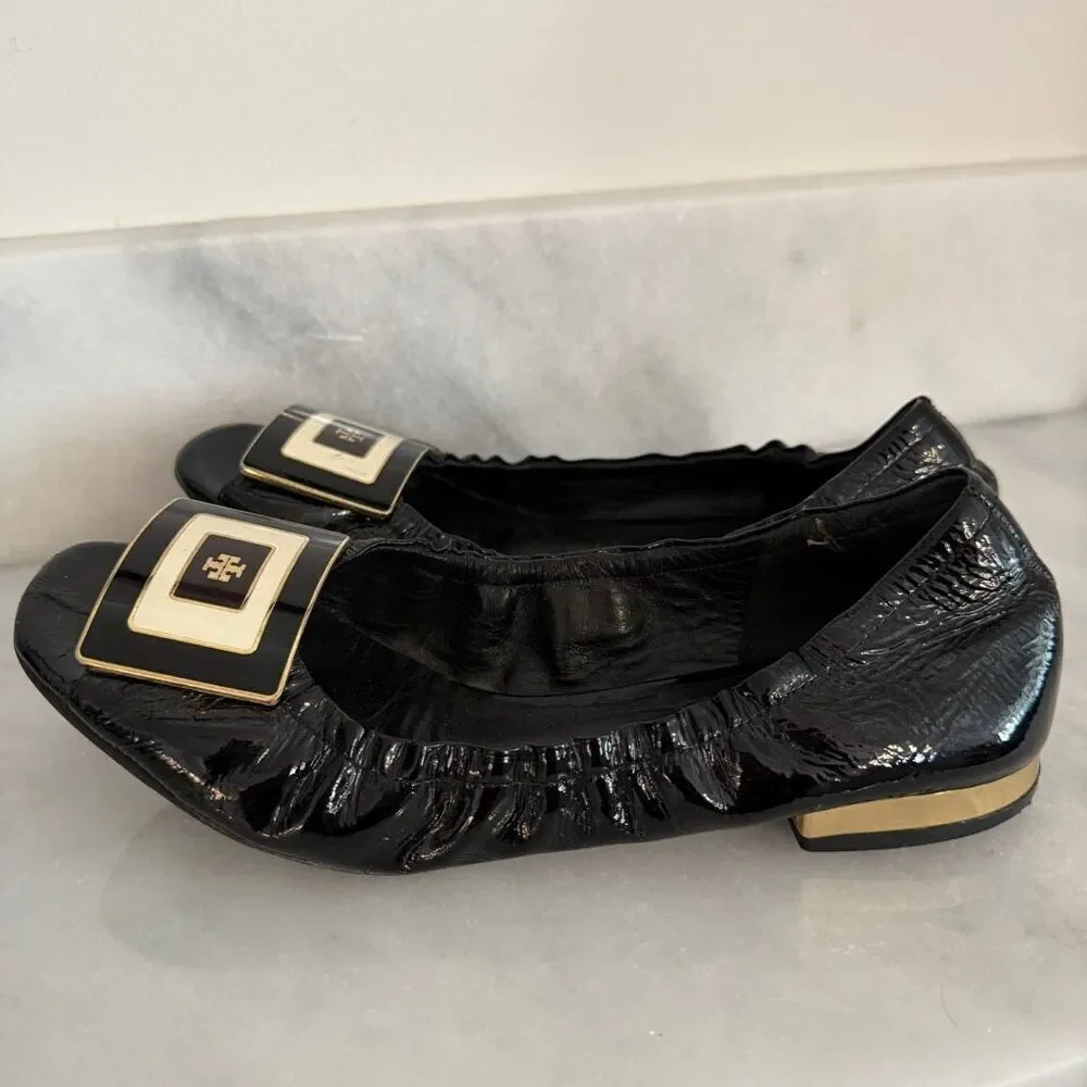 Tory Burch Leather Logo Square Peep Toe Slip-on Ballet Flats Black Size 7.5